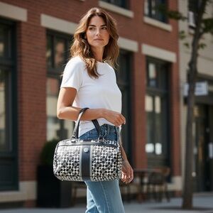 Coach Chelsea Zip Satchel Boston coated canvas Speedy handbag black white auth